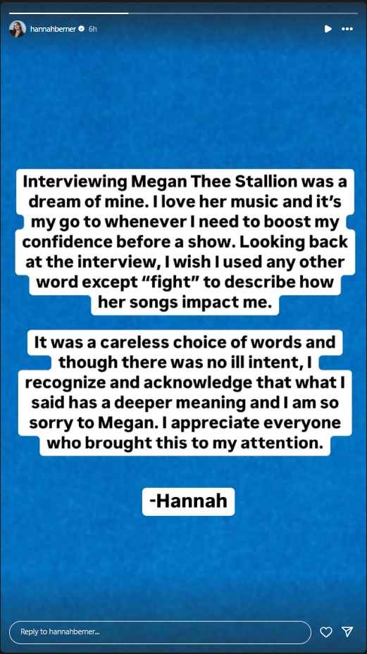 Hannah Berner Apologizes to Megan Thee Stallion