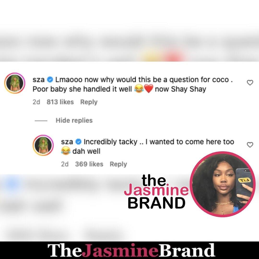 Picture of SZA responding to Shannon Sharpe's question about her body on Instagram. 