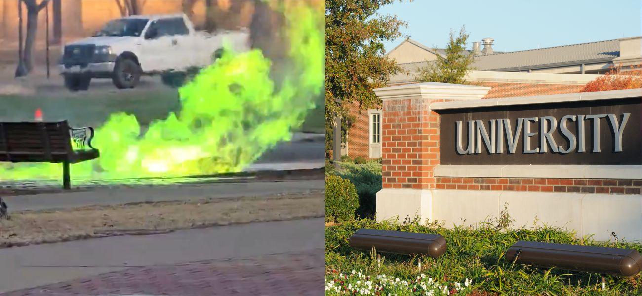 Green explosion from manhole (left) University sign (right)