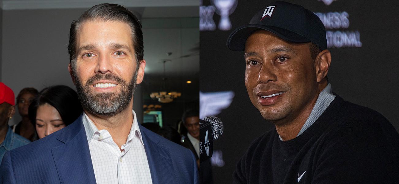 A photo collage of Donald Trump Jr. and Tiger Woods