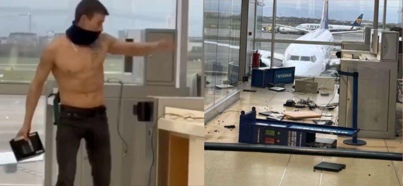 Dublin Airport passenger throwing things (left) Aftermath of a passenger destroying Dublin Airport (right)