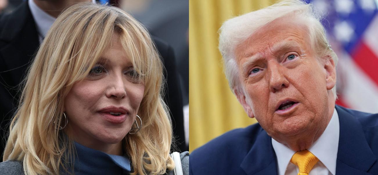 A photo collage of Courtney Love and Donald Trump