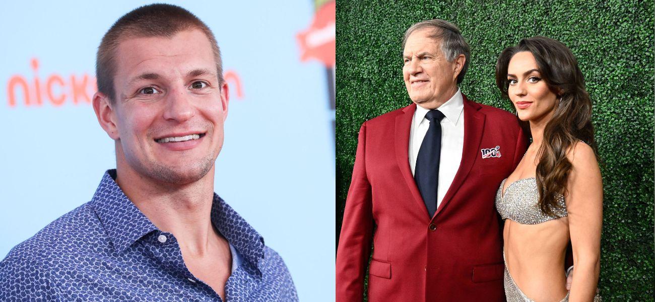 Photo collage of Rob Gronkowski, Bill Belichick, and Jordon Hudson.