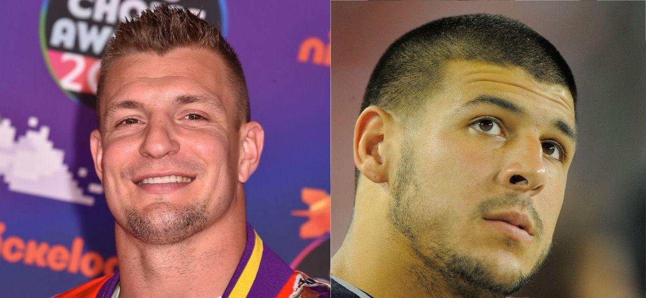 Photo collage of Rob Gronkowski and Aaron Hernandez.