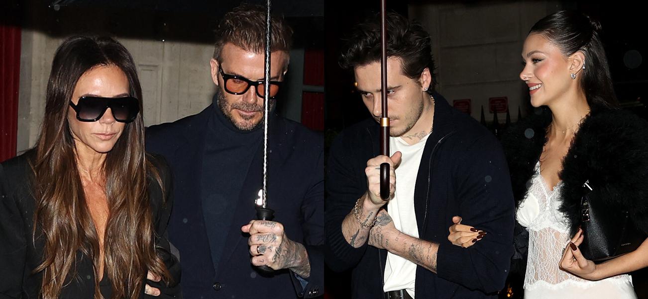 A photo collage of Victoria with David Beckham and Brooklyn Beckham with Nicola Peltz