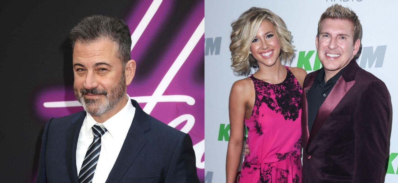 Photo collage of Jimmy Kimmel and Savanah and Todd Chrisley.