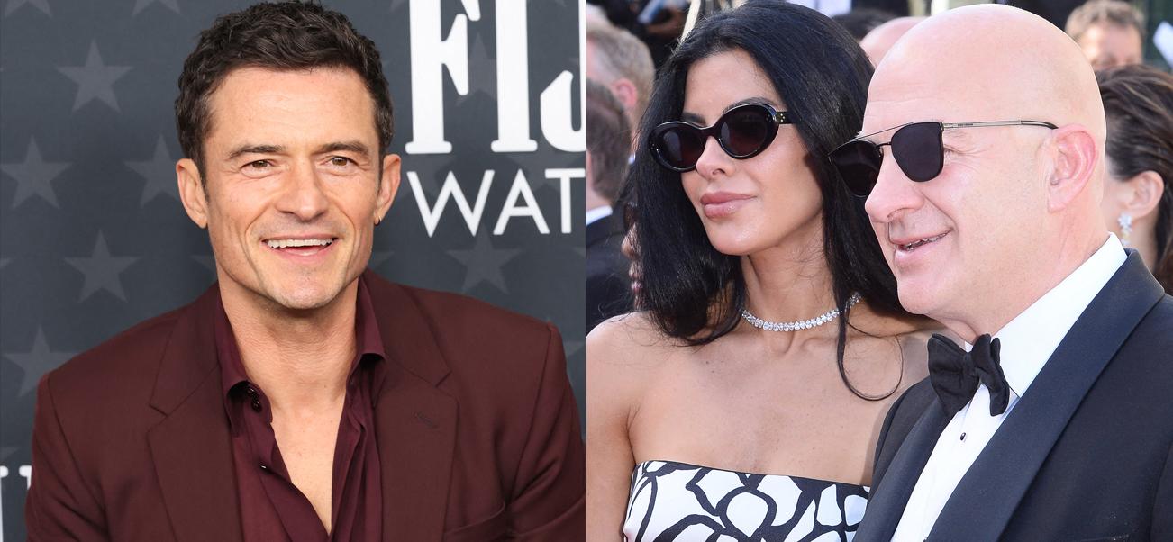 A photo collage of Orlando Bloom with Jeff Bezos and Lauren Sanchez