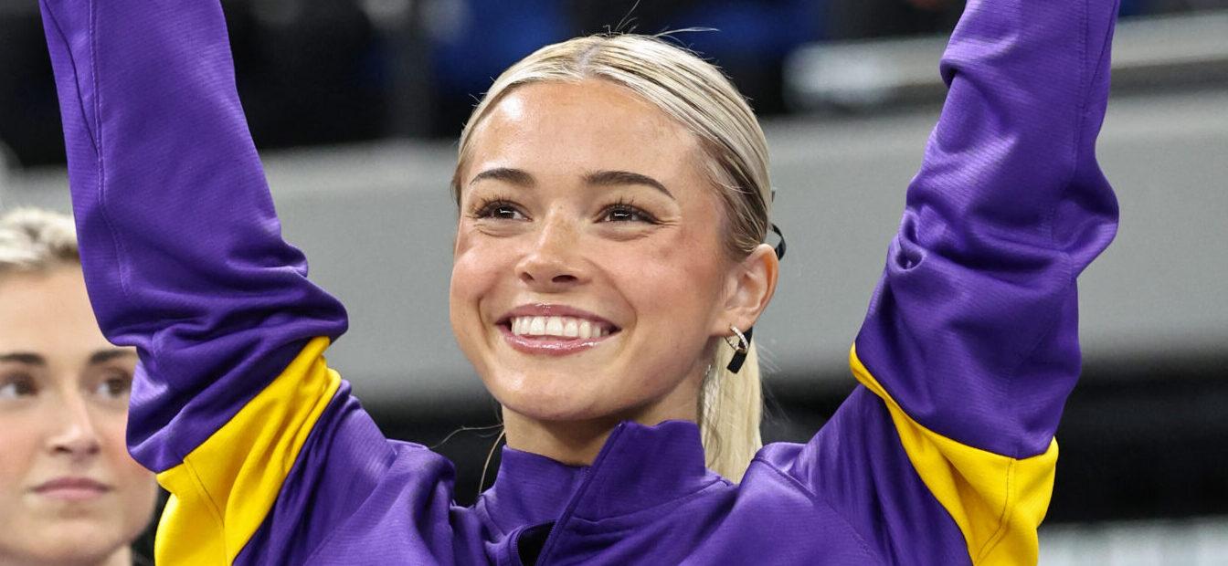 February 28, 2025: LSU's Olivia Dunne is introduced to the audience prior to the Purple and Gold Podium Challenge woman's gymnastics LSU vs George Washington at the Raising Canes River Center in Baton Rouge, LA. Jonathan Mailhes/CSM (Credit Image: © Jonathan Mailhes/Cal Sport Media) Newscom/(Mega Agency TagID: csmphotothree358201.jpg) [Photo via Mega Agency]
