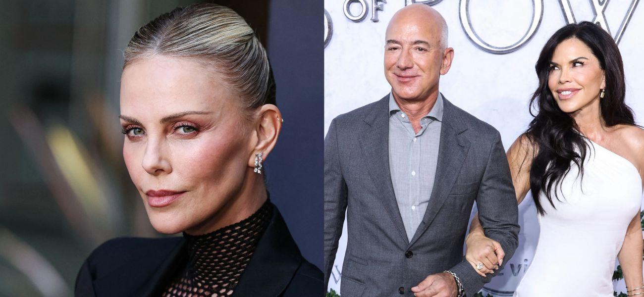 Charlize Theron, Jeff Bezos, Lauren Sanchez photo collage