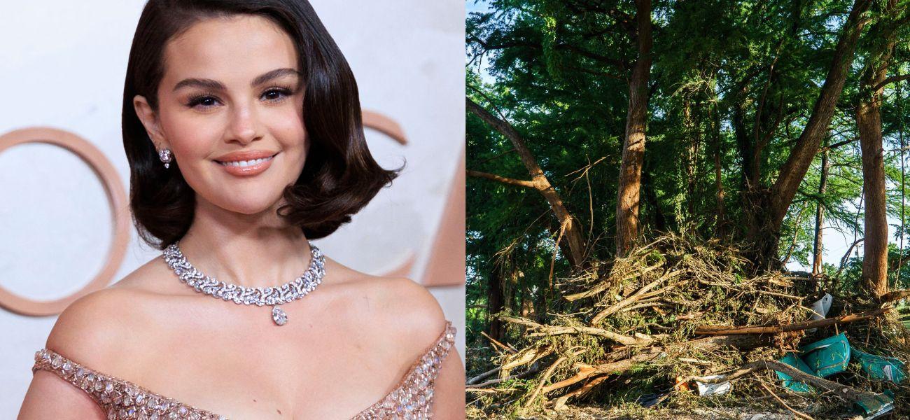 Selena Gomez (left) Texas flooding (right)