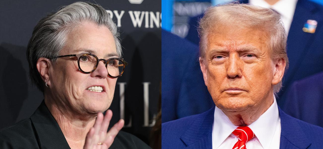 A photo collage of Rosie O'Donnell and Donald Trump