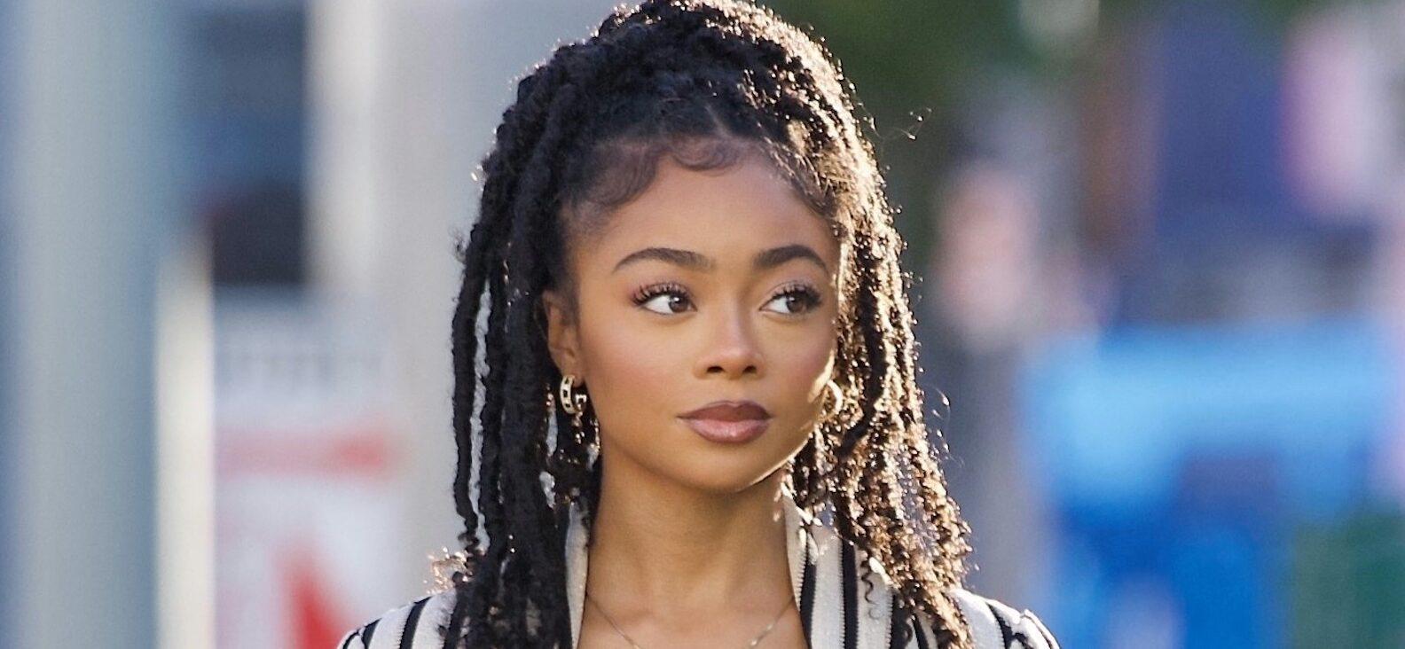Skai Jackson Steps Out in Striped Pant Suit for Dinner at Katana