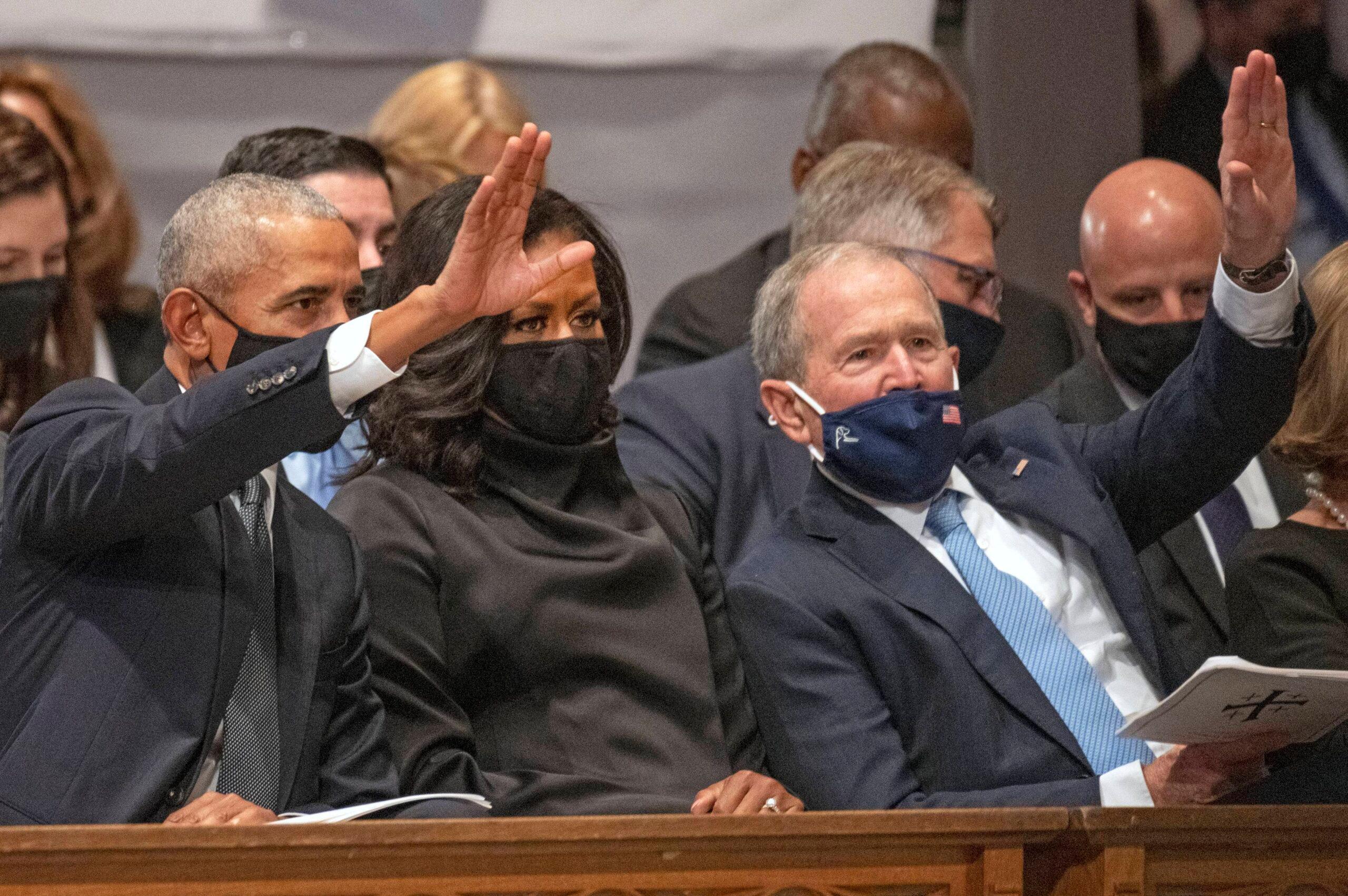 Barack and Michelle Obama and George W. Bush