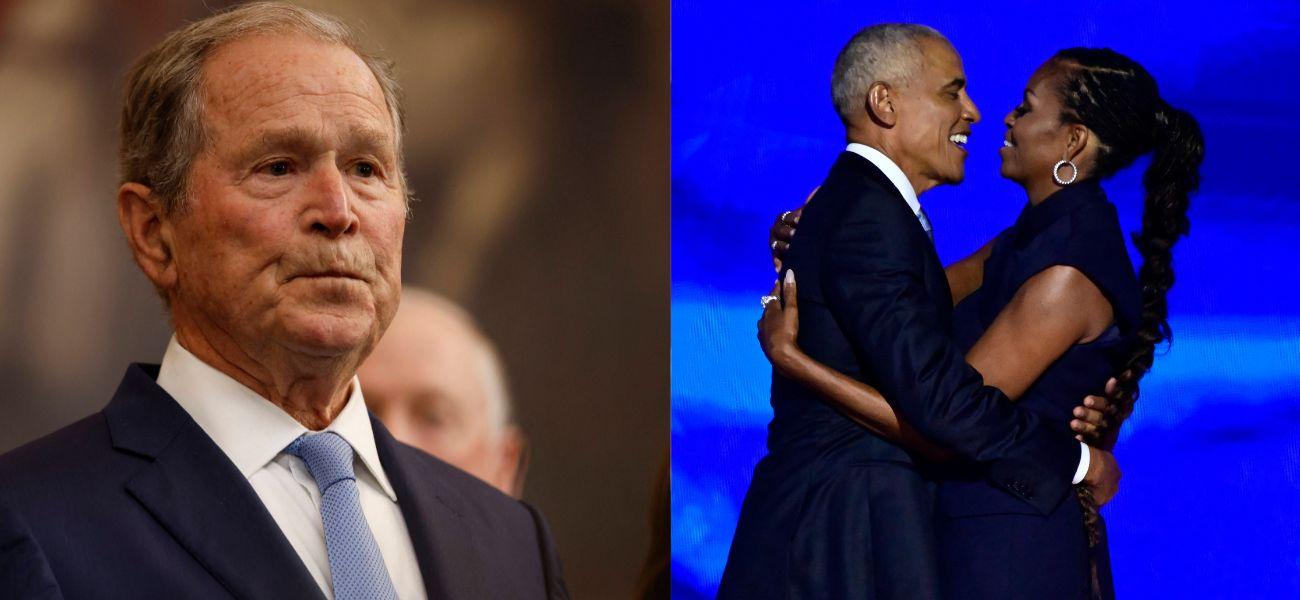 Photo collage of Barack and Michelle Obama and George W. Bush