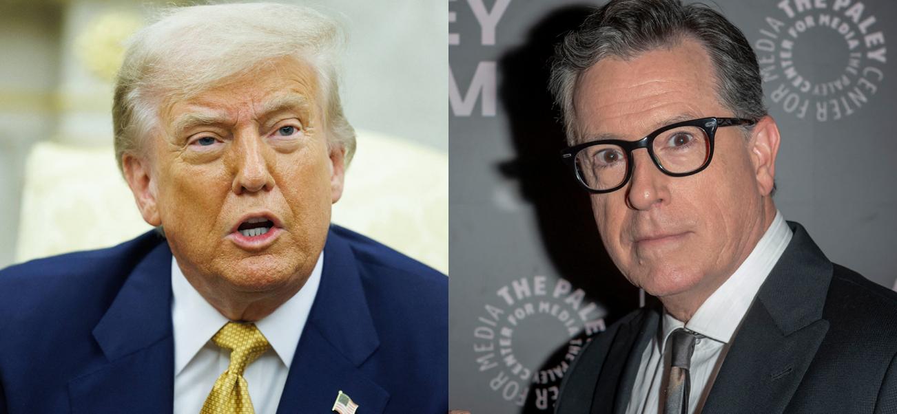 A photo collage of Donald Trump and Stephen Colbert