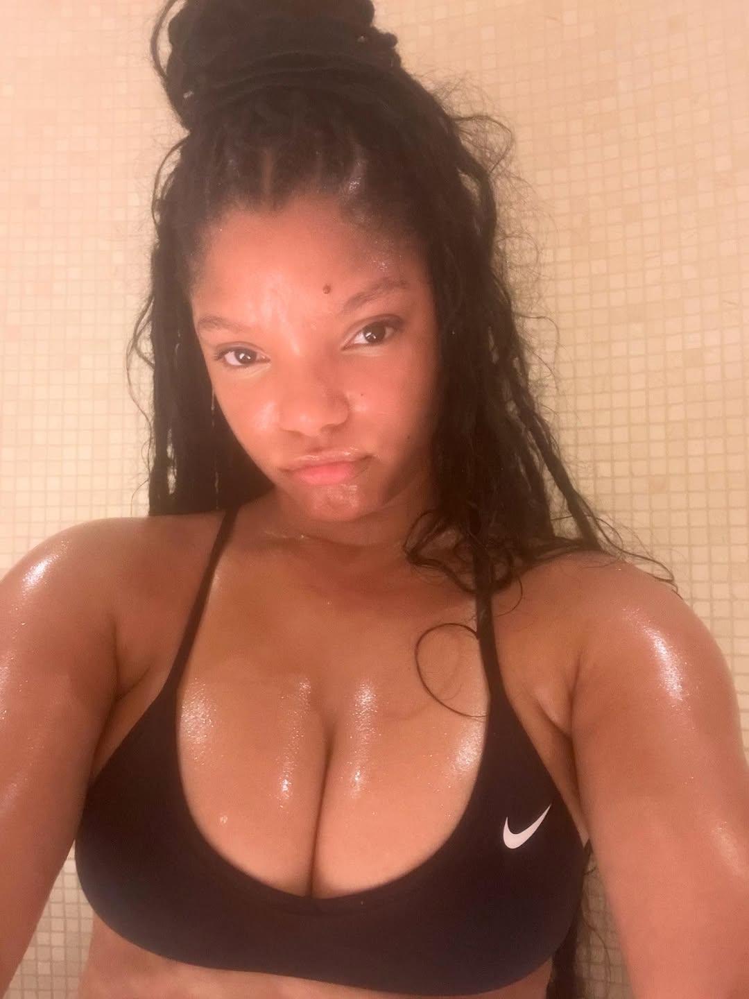 Halle Bailey shows off chest in selfie