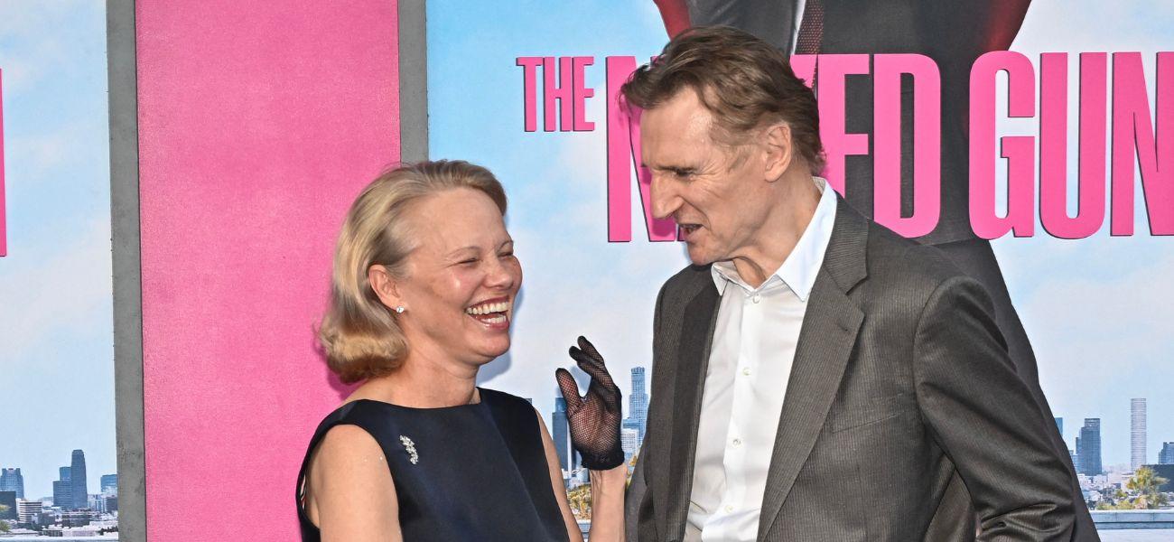 Liam Neeson and Pamela Anderson at the premiere of “The Naked Gun” on July 28, 2025 in New York City.