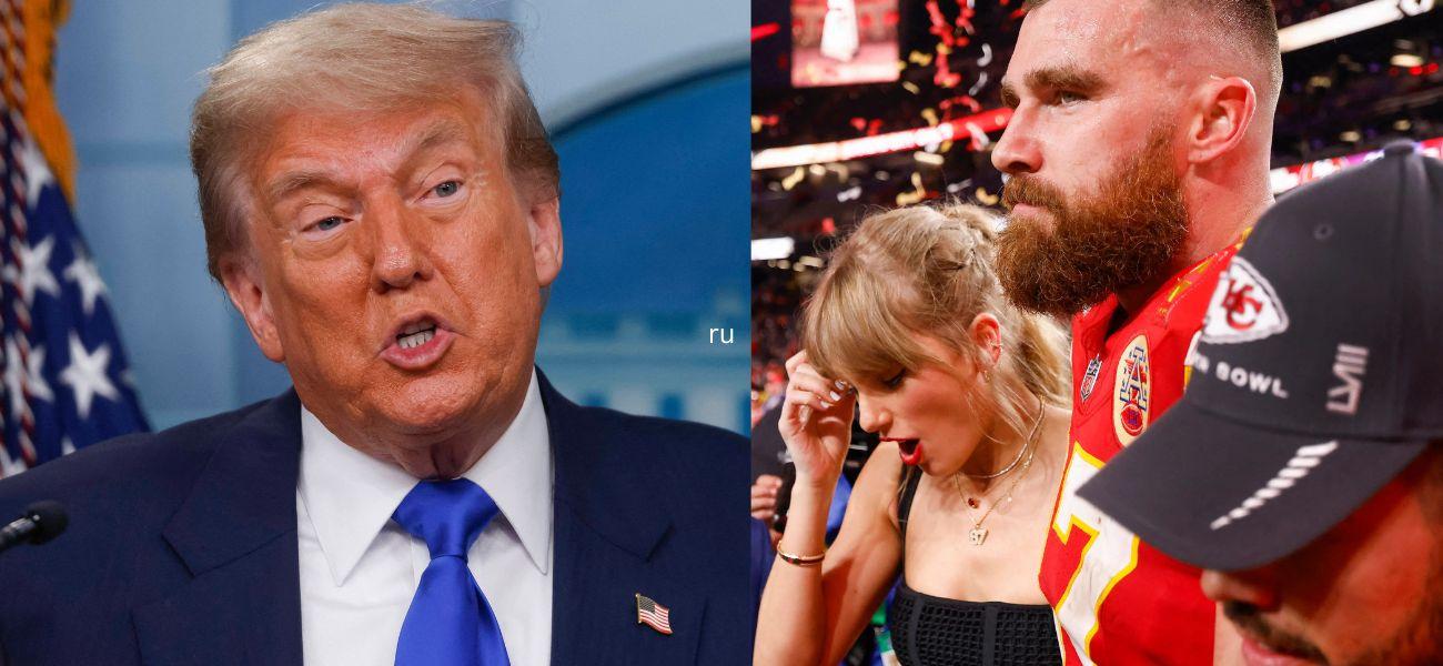 Travis Kelce, Taylor Swift, Donald Trump photo collage