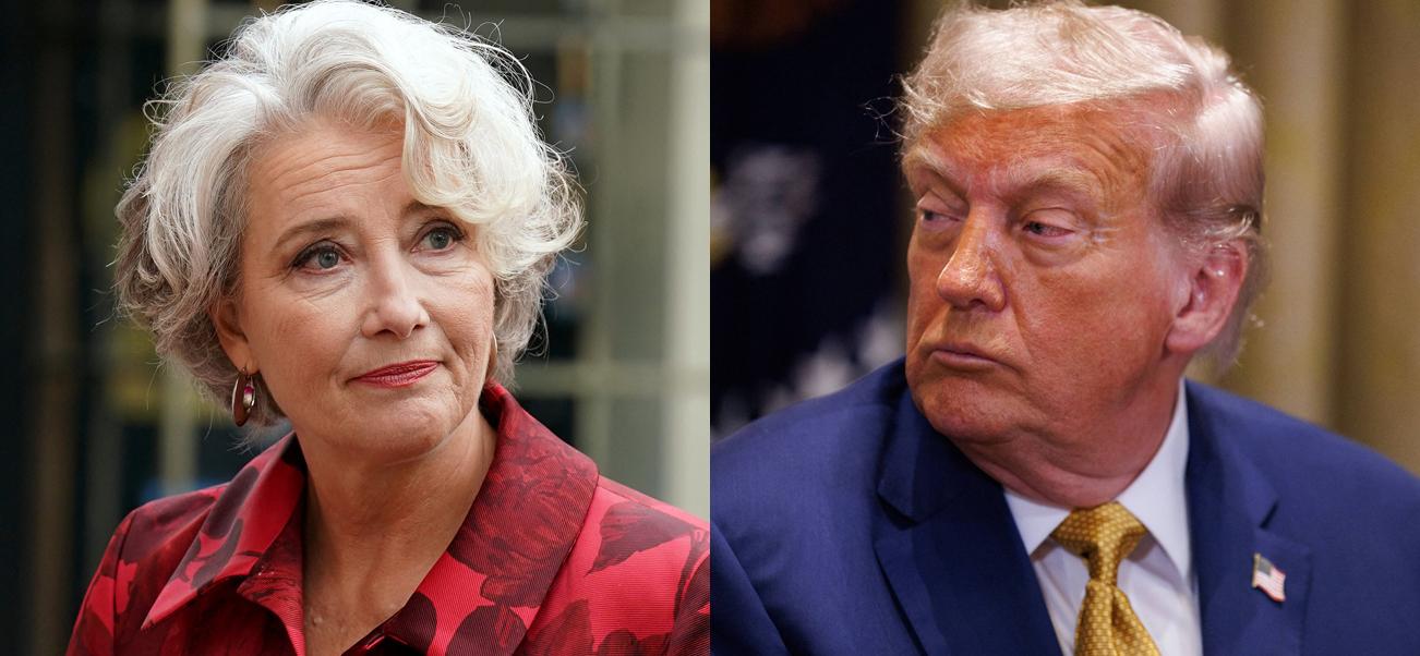A photo collage of Emma Thompson and Donald Trump