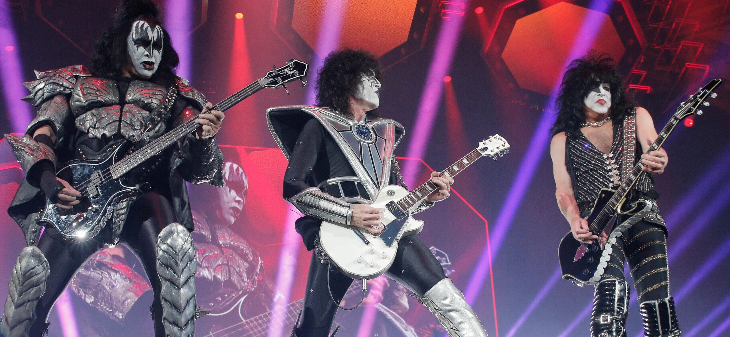 Paul Stanley Gene Simmons Tommy Thayer Eric Singer from Kiss band performing at Accor Arena in Paris