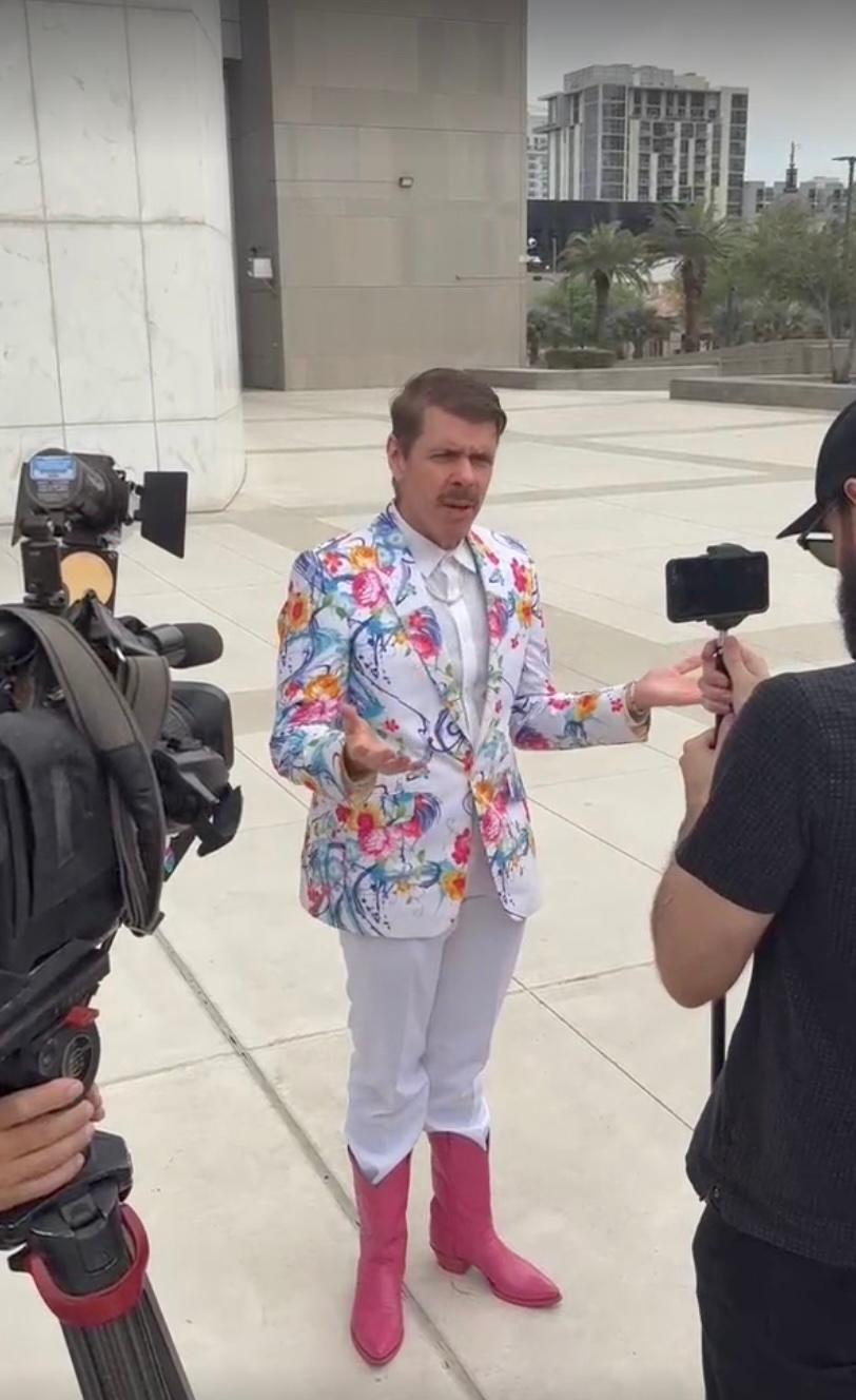Perez Hilton speaking outside of Las Vegas courtroom