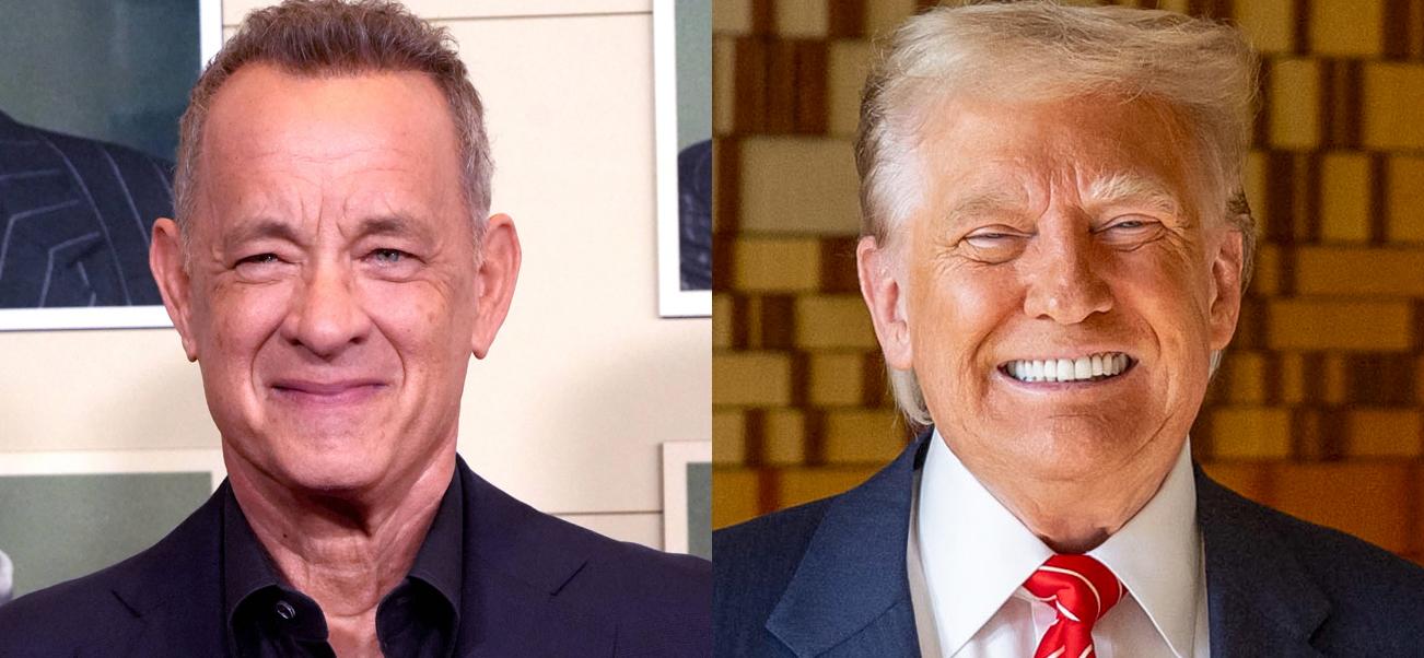 A photo collage of Tom Hanks and Donald Trump