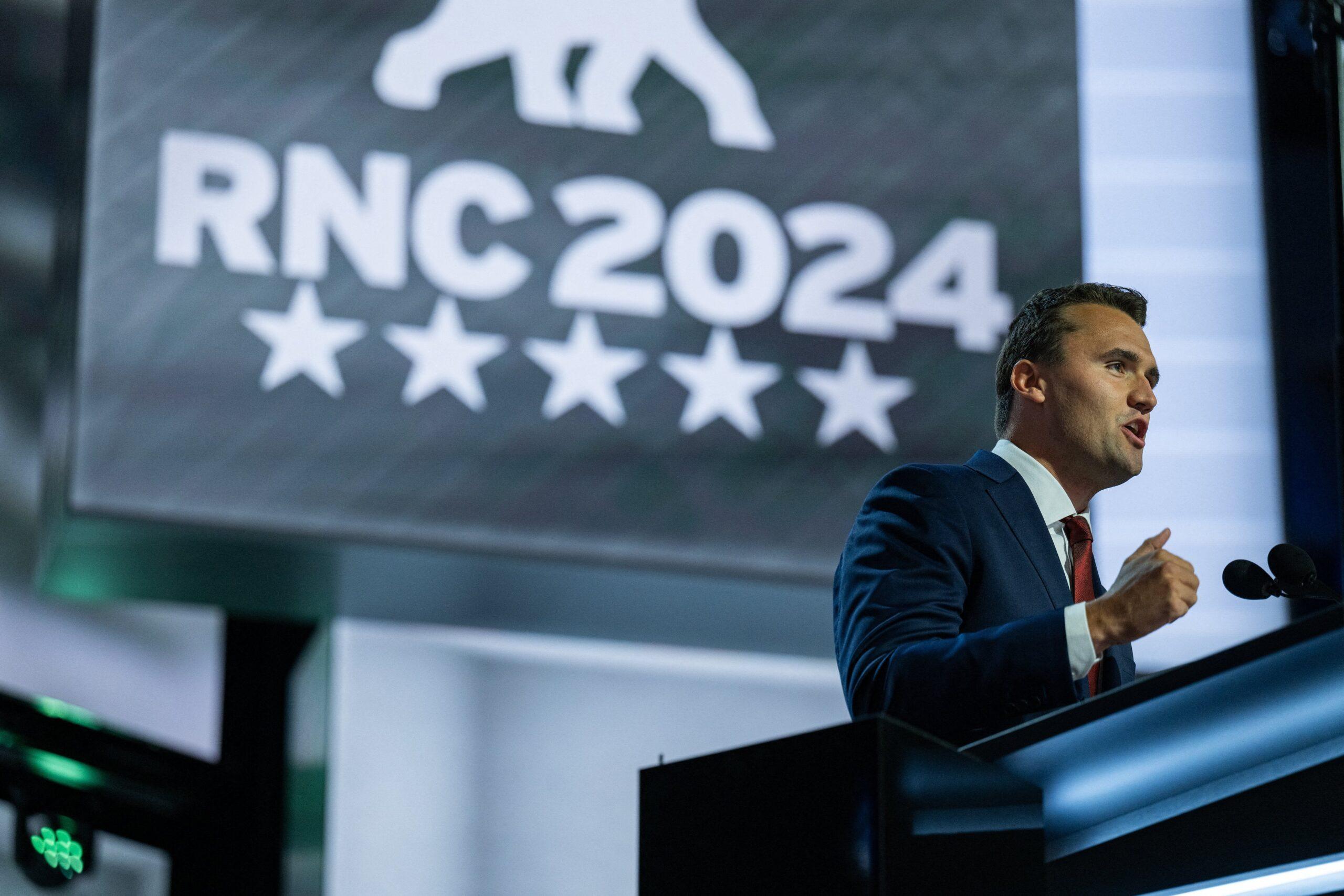 Charlie Kirk during a speaking event. 