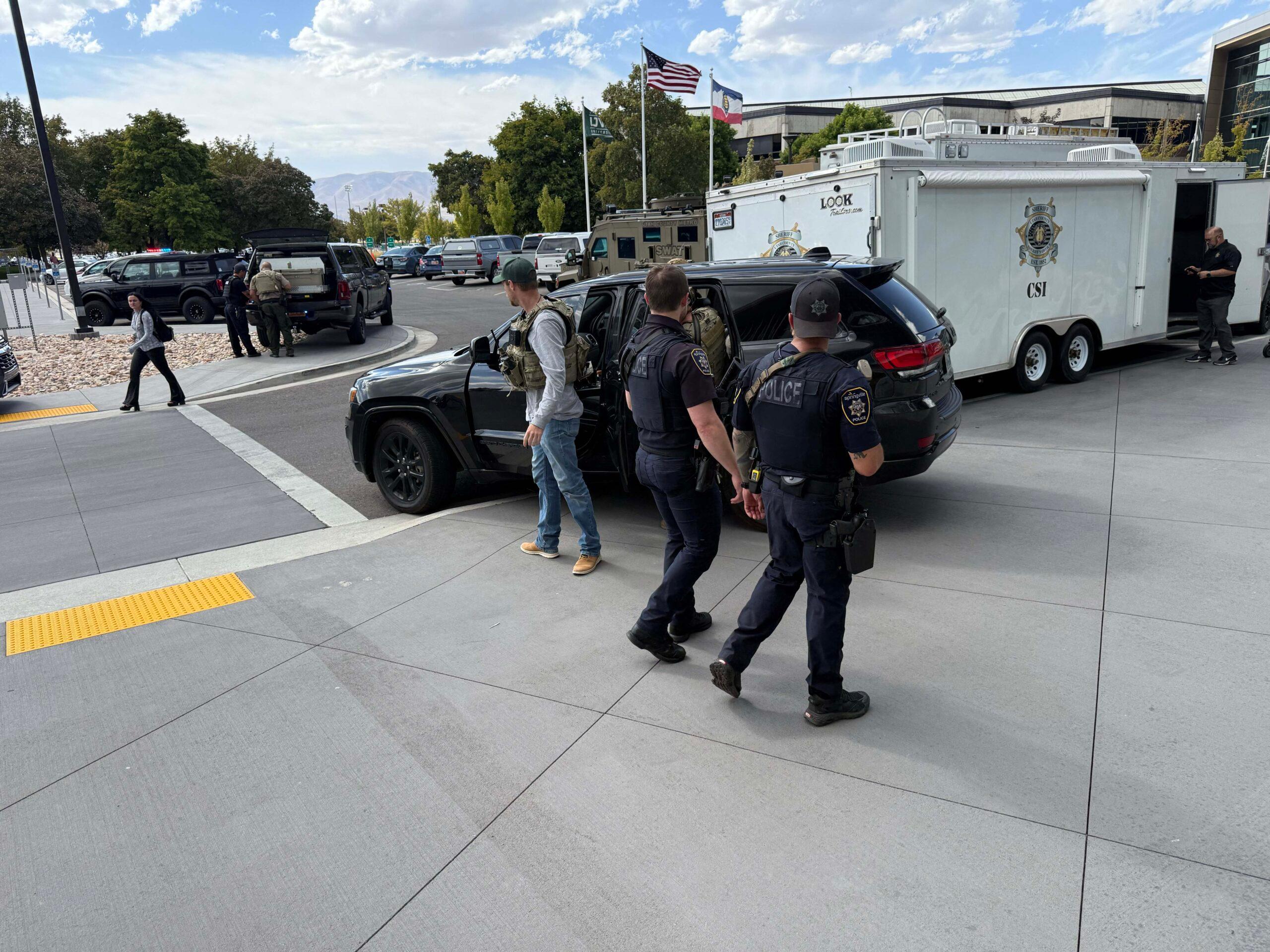 Police and SWAT at the Utah Valley University as they continue to search for the assassin who shot and Killed Charlie Kirk