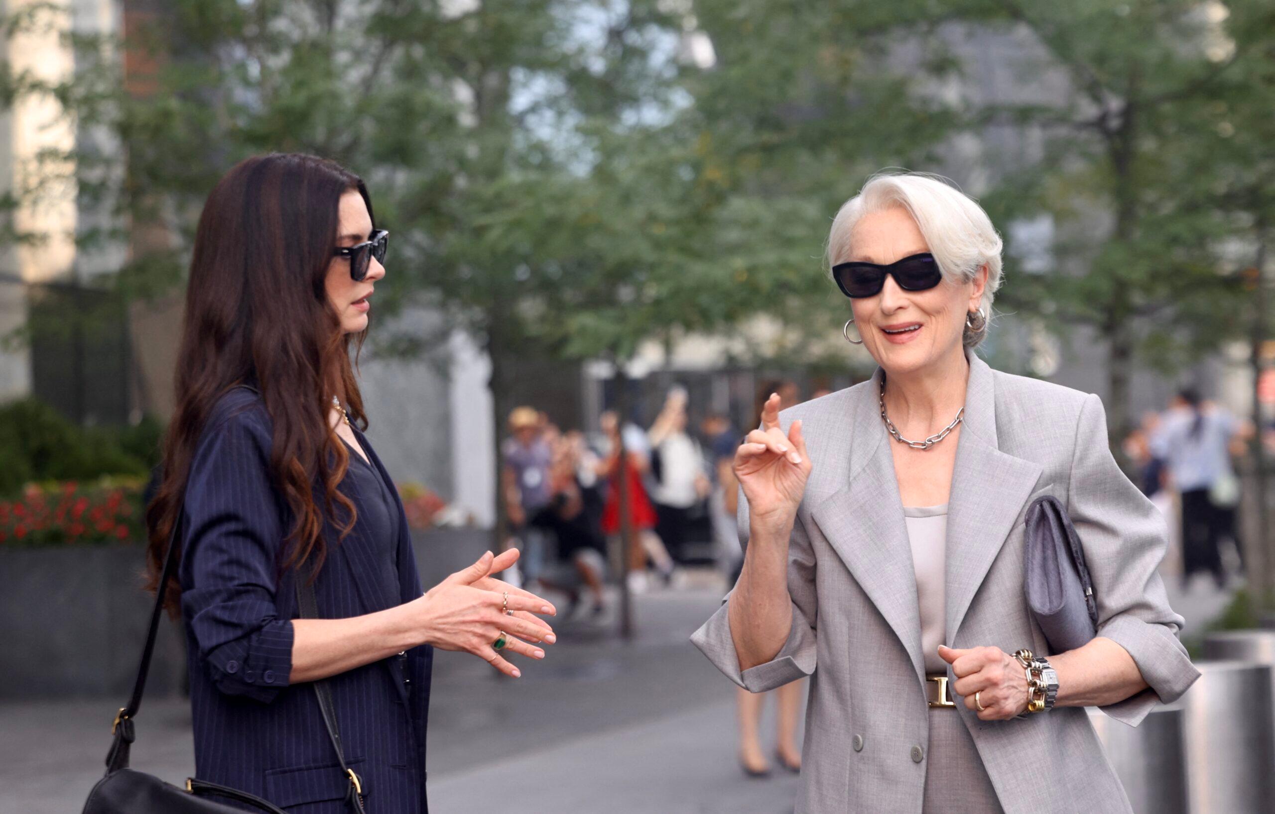 Anne Hathaway and Meryl Streep filming "The Devil Wears Prada 2." 