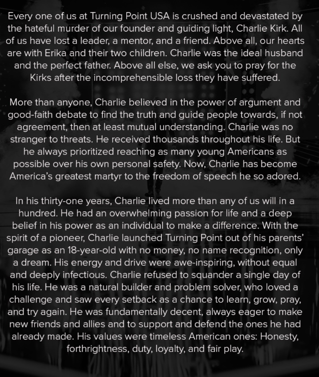 Turning Point statement on Charlie Kirk