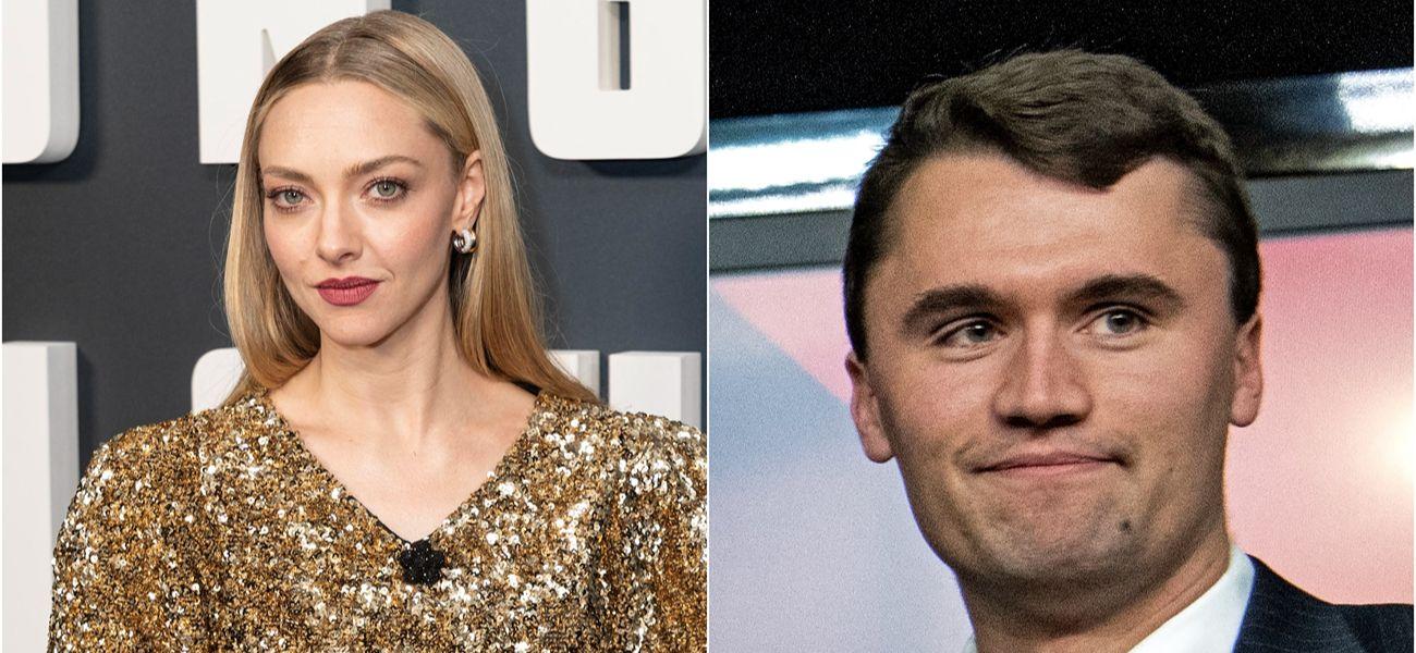 Photo collage of Amanda Seyfried (left) and Charlie Kirk (right)