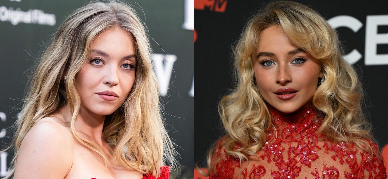 A photo collage of Sydney Sweeney and Sabrina Carpenter