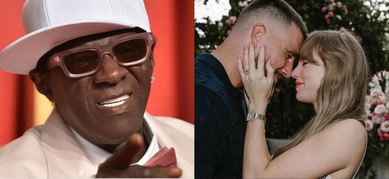 Collage of Flavor Flav, Taylor Swift and Travis Kelce