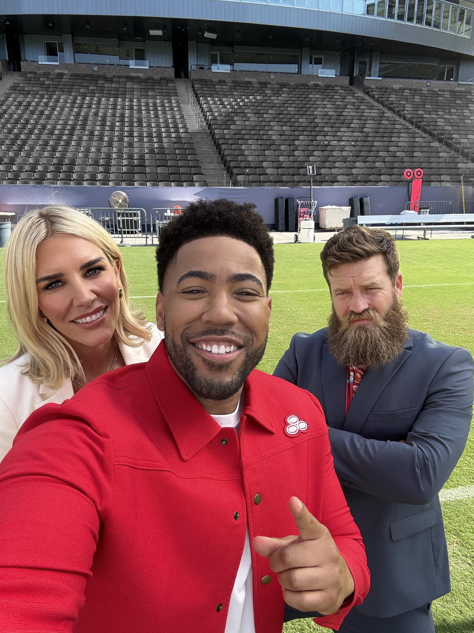 Charissa Thompson joins Jake from State Farm on set for the new “Bold Predictions” commercial with State Farm and Amazon Prime Video Thursday Night Football.