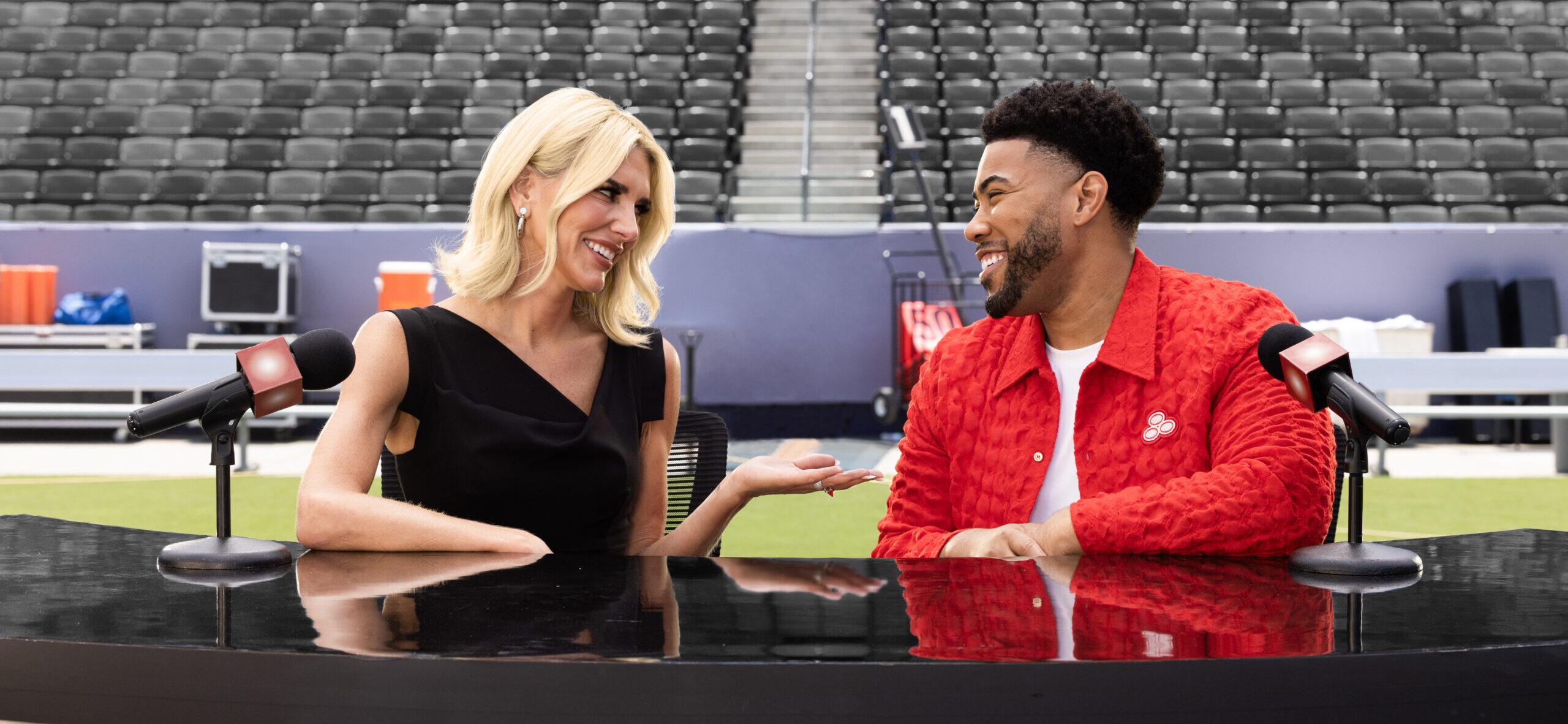 Charissa Thompson joins Jake from State Farm on set for the new “Bold Predictions” commercial with State Farm and Amazon Prime Video Thursday Night Football.