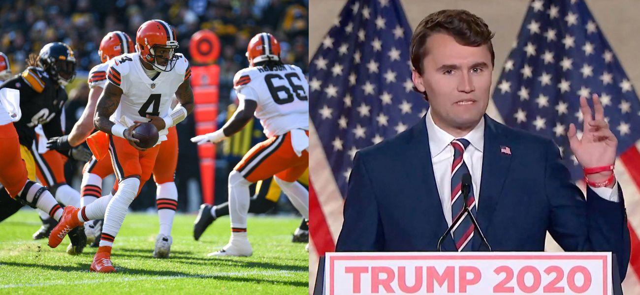 Photo collage of Charlie Kirk and Cleveland Browns.