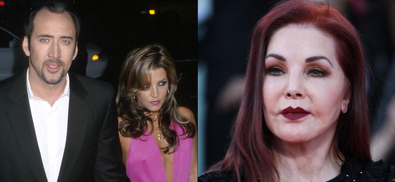 A photo collage of Lisa Marie Presley with Nicolas Cage and Priscilla Presley