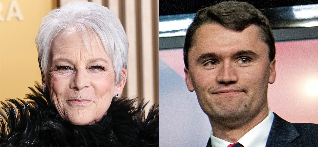 A photo collage of Jamie Lee Curtis and Charlie Kirk