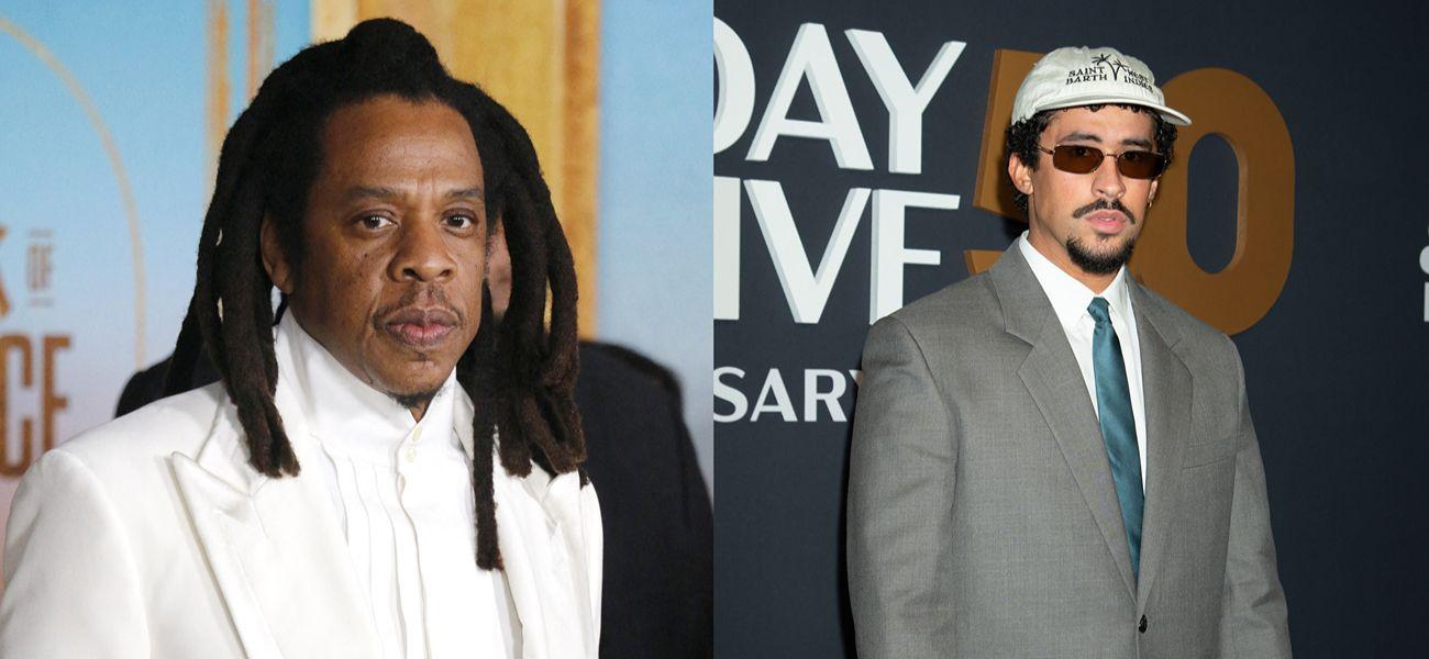 A photo collage of Jay-Z and Bad Bunny