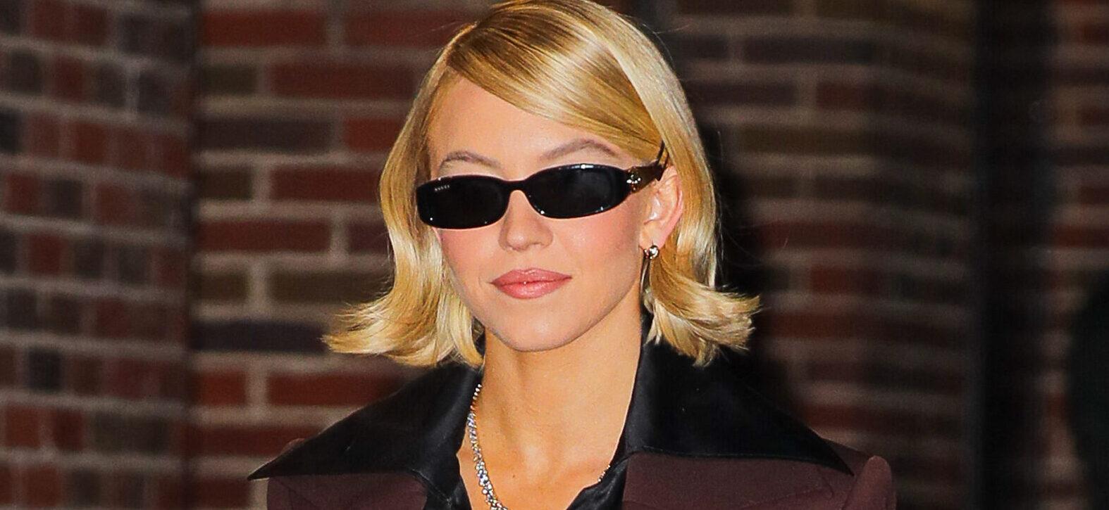 Sydney Sweeney poses as arriving at The Late Show With Stephen Colbert in New York City