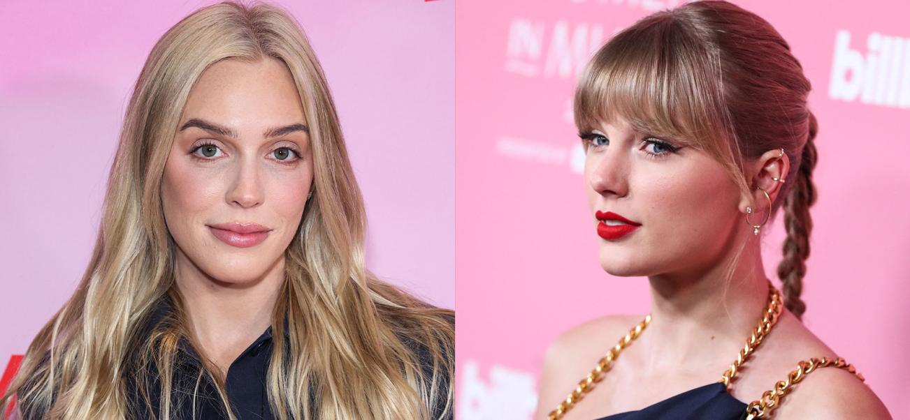 A photo collage of Alex Cooper and Taylor Swift