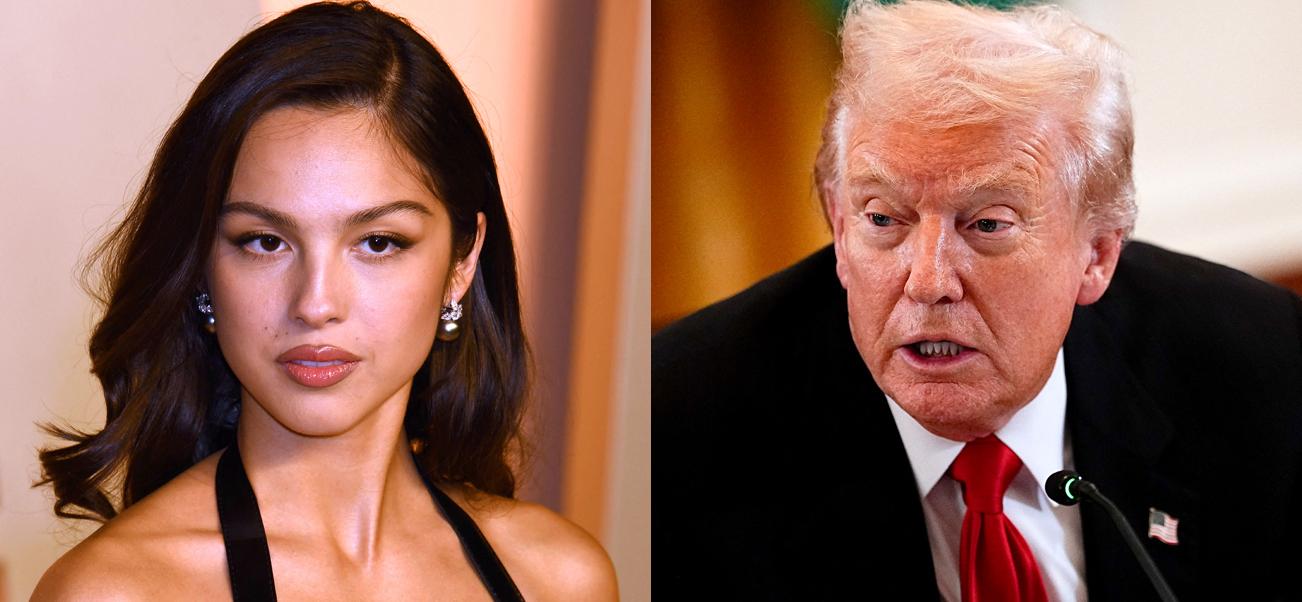 A photo collage of Olivia Rodrigo and Donald Trump