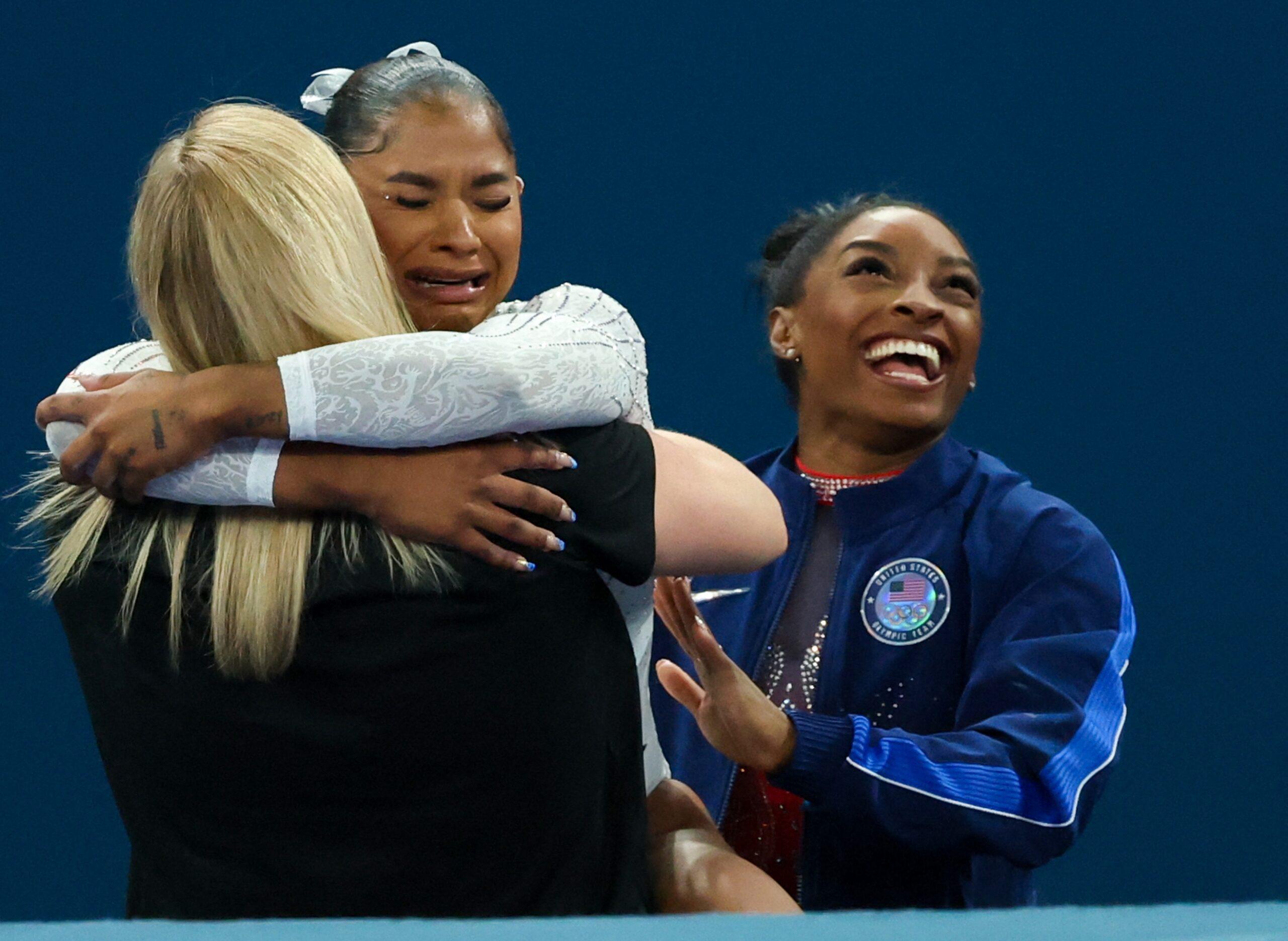 Jordan Chiles and Simone Biles celebrating Olympics win