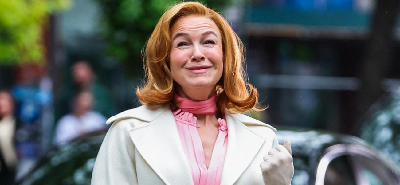 Renée Zellweger is seen getting into character while on set filming scenes for Only Murders in the Building this morning in New York City