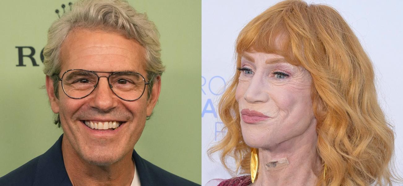 A photo collage of Andy Cohen and Kathy Griffin