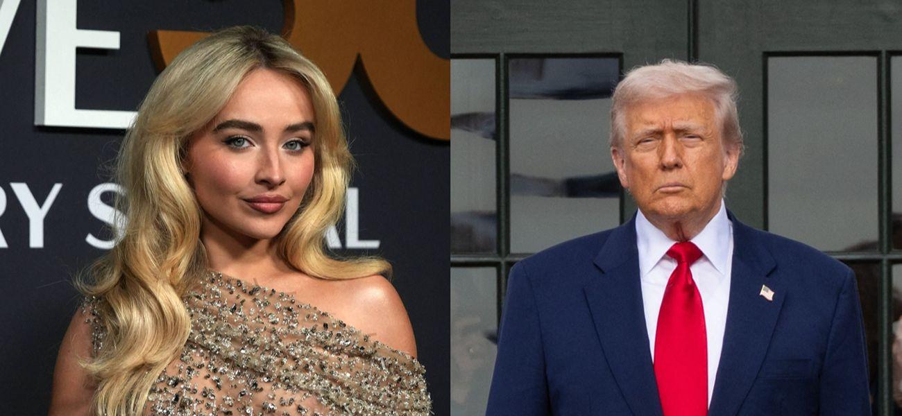 A photo collage of Sabrina Carpenter, Donald Trump,