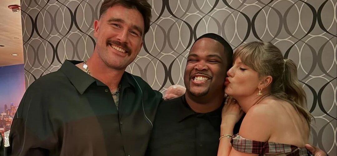 Travis Kelce, Kam Saunders, and Taylor Swift backstage