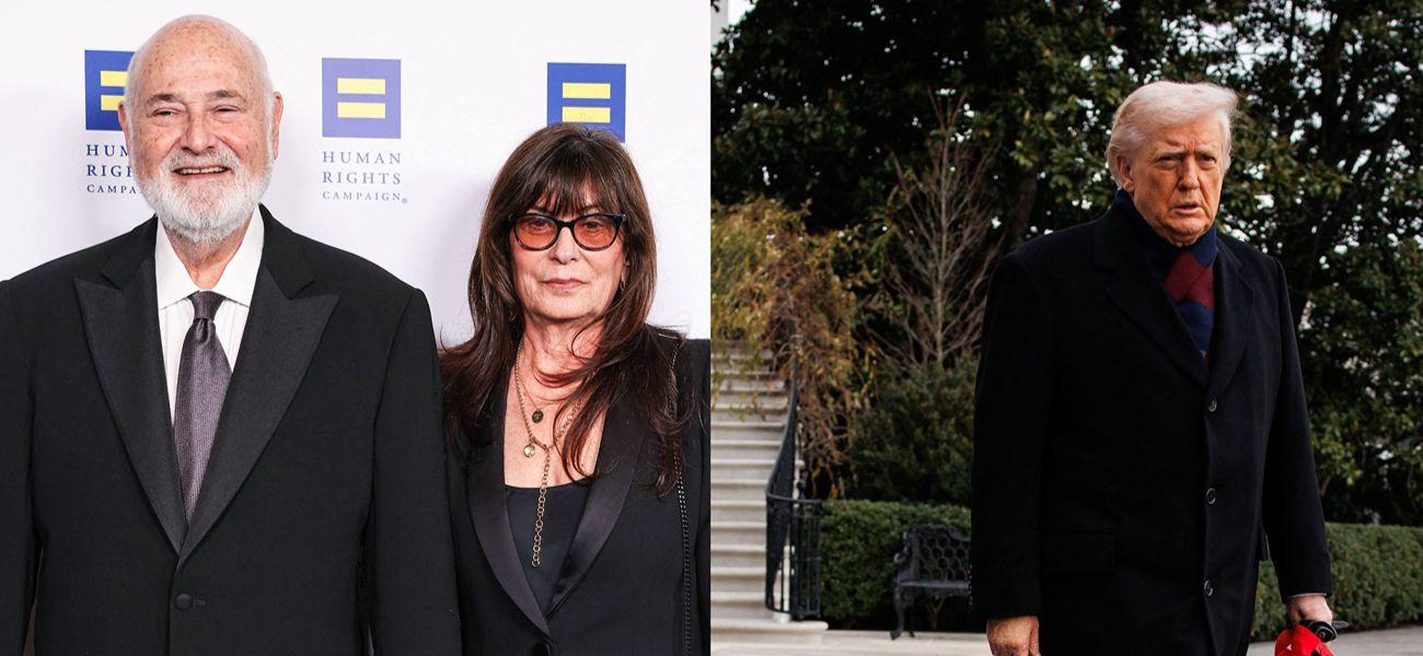 A photo collage of Rob and Michele Reiner, Donald Trump