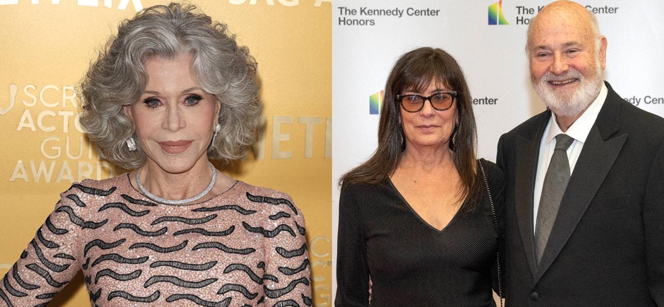 A photo collage of Jane Fonda and Rob Reiner with Michelle Reiner