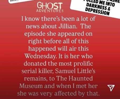 Zak Bagans' Instagram Stories about Jillian Lauren